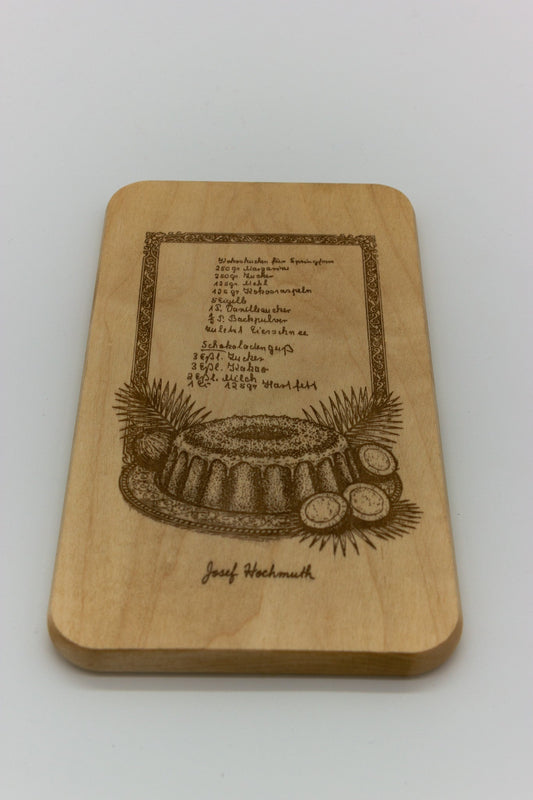 handschrift kokoskuchen rezept  in ahorn schneidenbrett